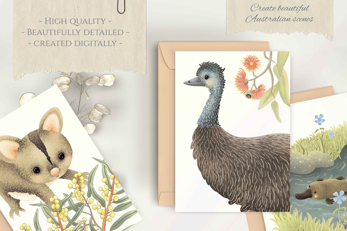 3 Pictures with emu, possum and platypus on a white background.