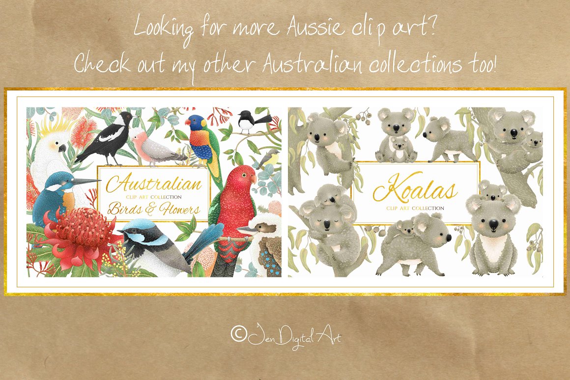 2 covers with ausralian birds & flowers and koalas in golden frame on a craft background.