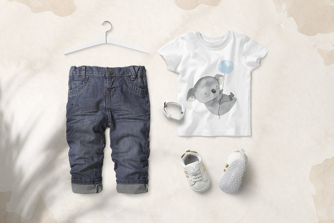 Children's white t-shirt with a koala in balloons, children's shoes and jeans.