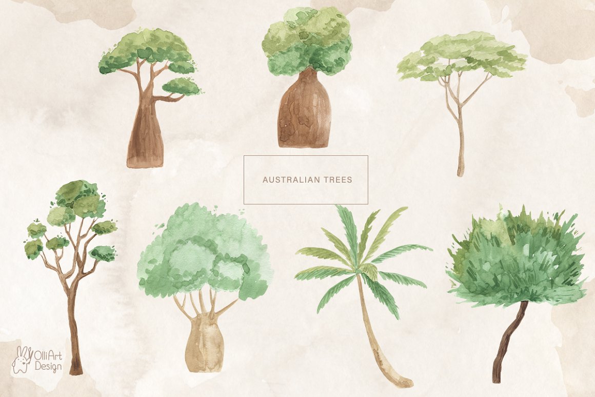 A set of 7 watercolor different australian trees on a beige background.