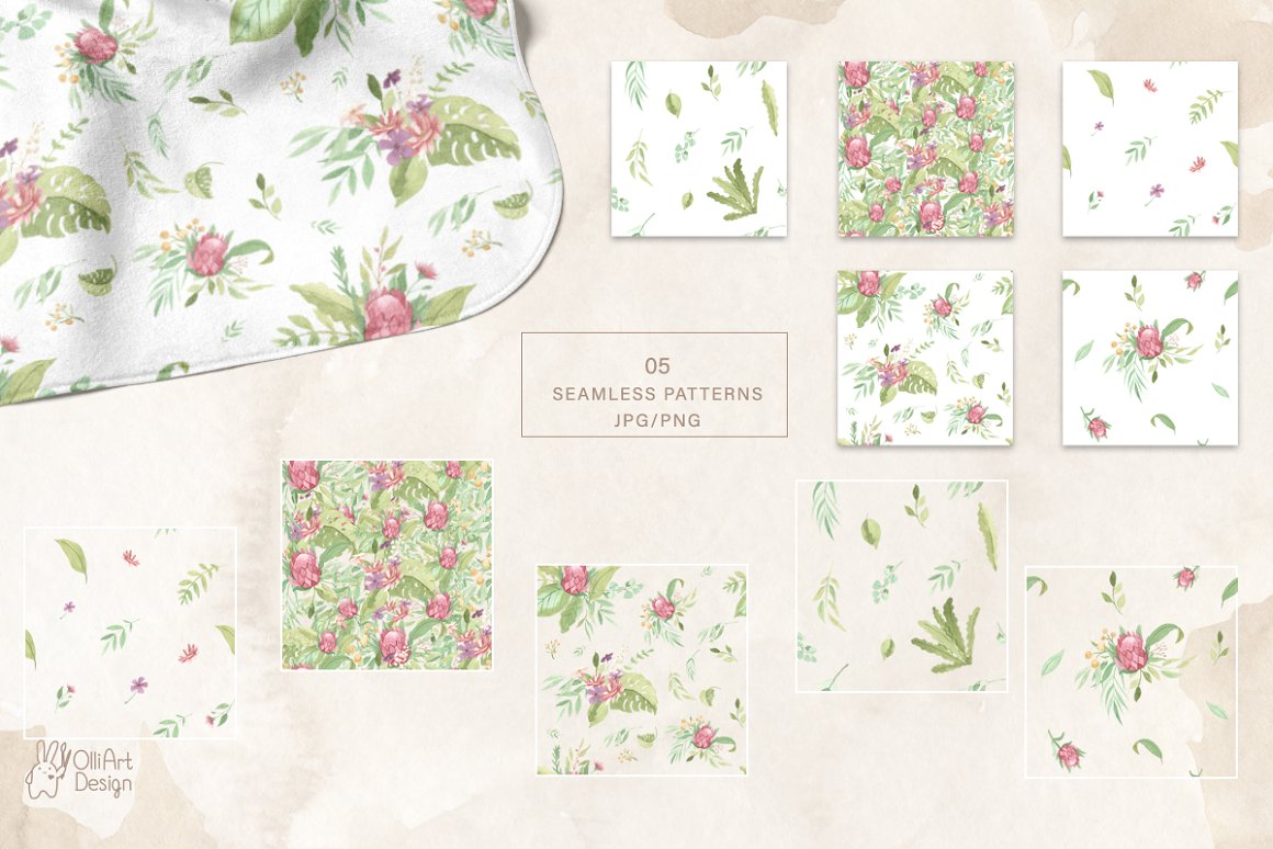 A set of 5 different seamless patterns with flowers in different versions.