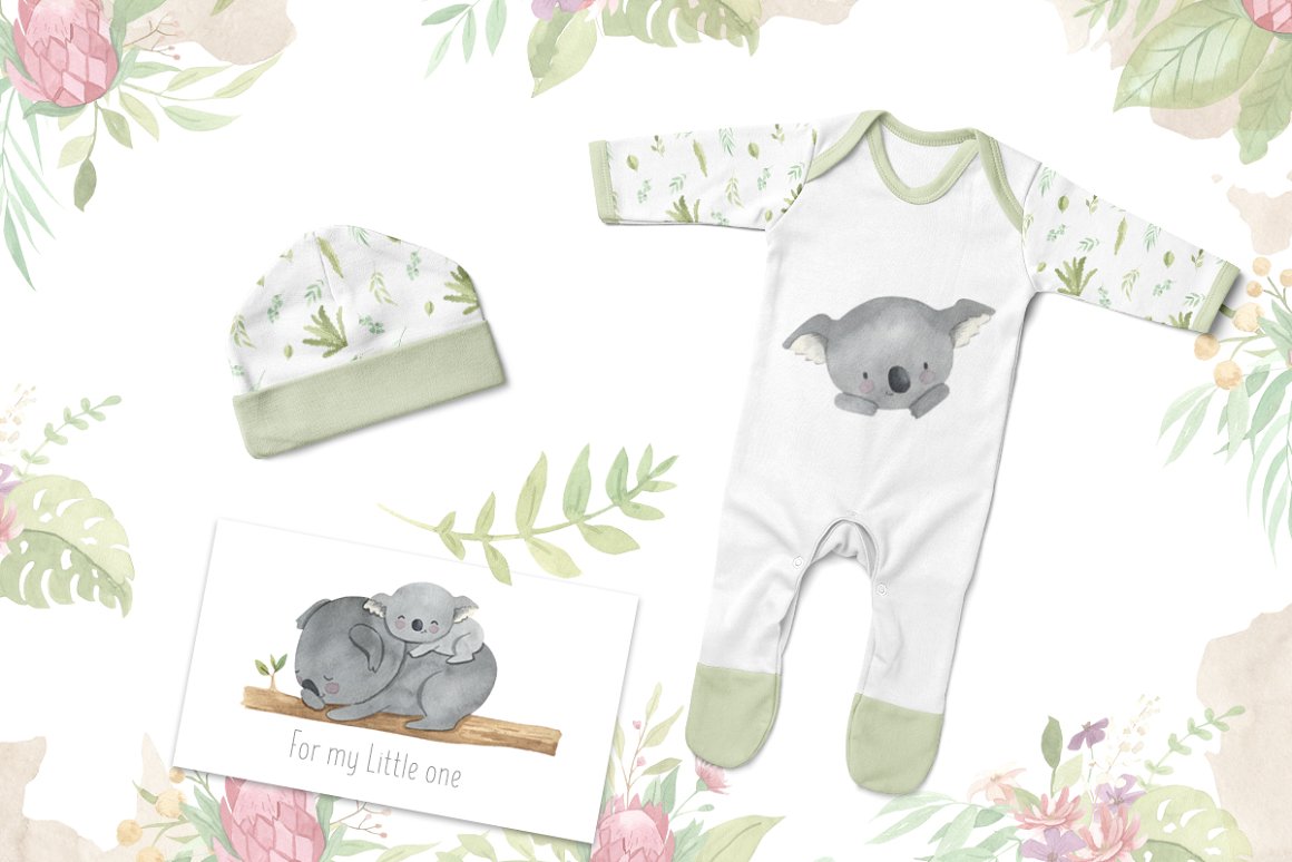 Children's bodysuit and hat in white and mint with koala face and different leaves on a white background with flowers.