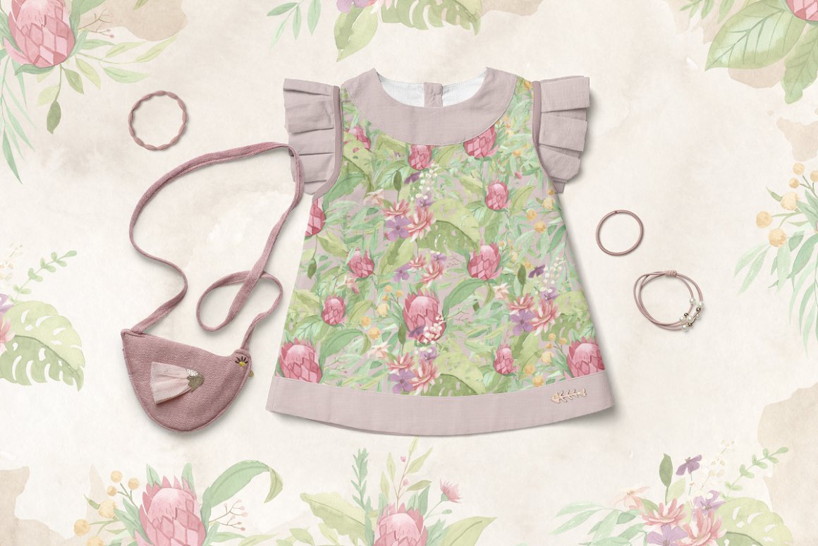 Children's pink dress with flowers and children's pink bag on a beige background with flowers.