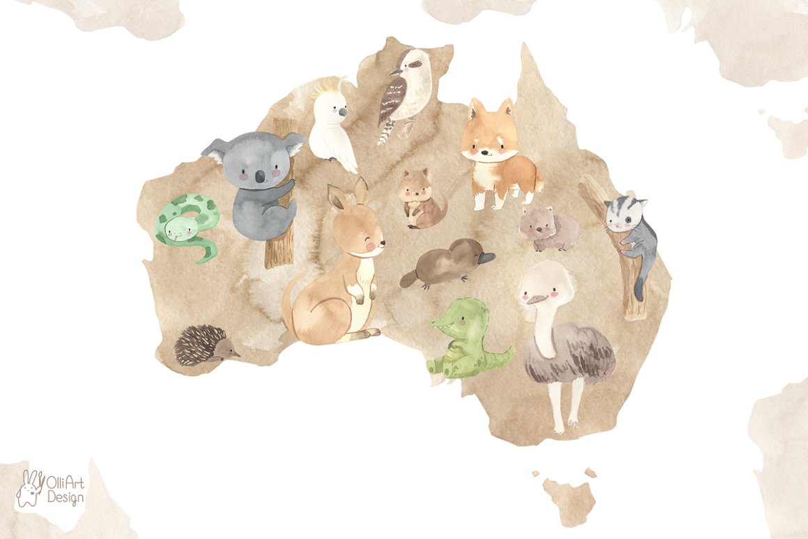 A set of watercolor images with snake, koala, parrot, bird, dingo dog, wombat, baby dragon, emu, kangaroo, echidna, sugar glider, quokka and platypus on a brown background.