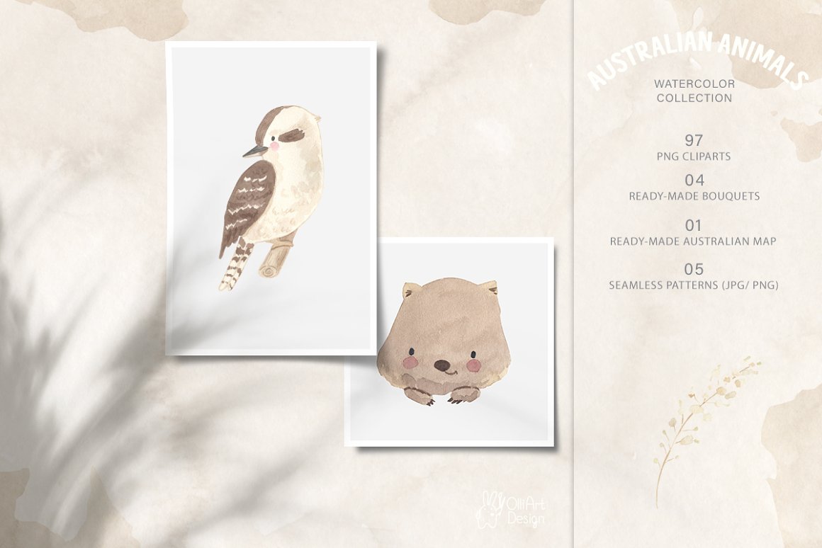 2 Pictures with a wombat and a bird in brown tones on a beige background.