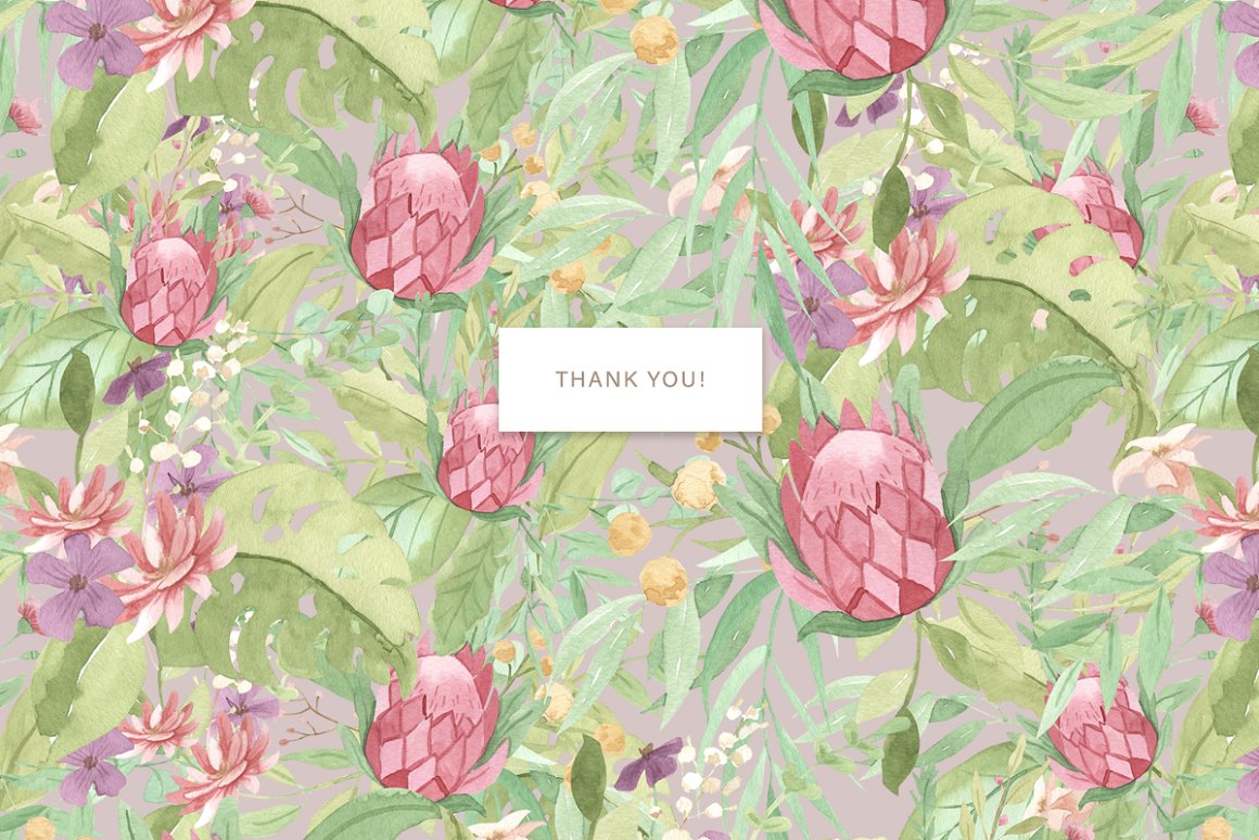 Beige lettering "Thank you!" on a white background and background with flowers.