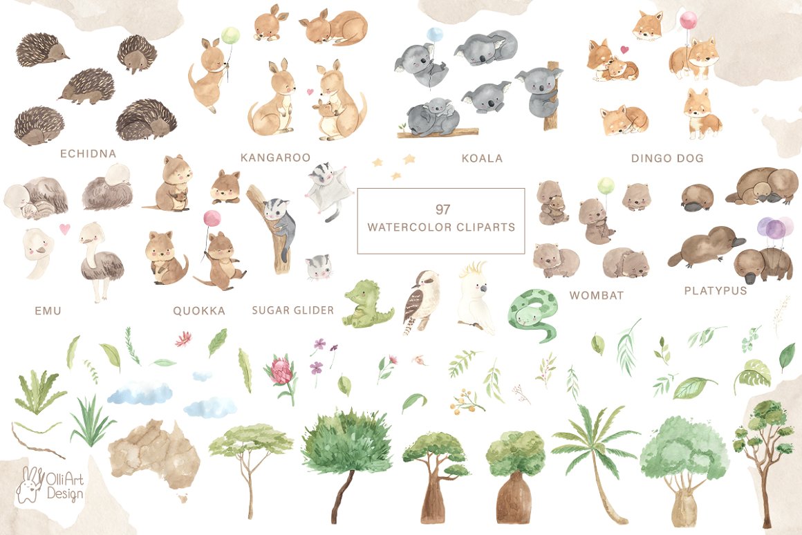 A set of watercolor images with echidna, kangaroo, koala, dingo dog, emu, quokka, sugar glider, wombat, platypus and different plants and leaves.