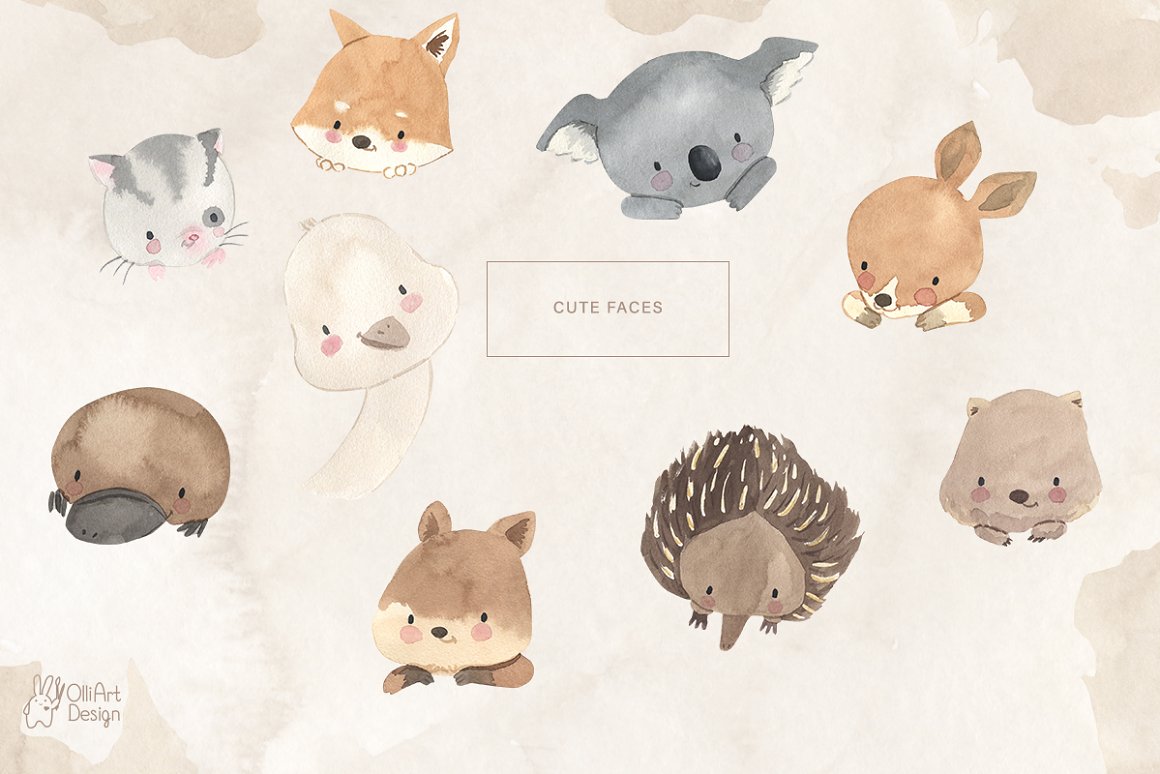 Cute watercolor images of faces a sugar glider, dingo dog, koala, kangaroo, platypus, emu, quokka, echidna and wombat on a beige background.