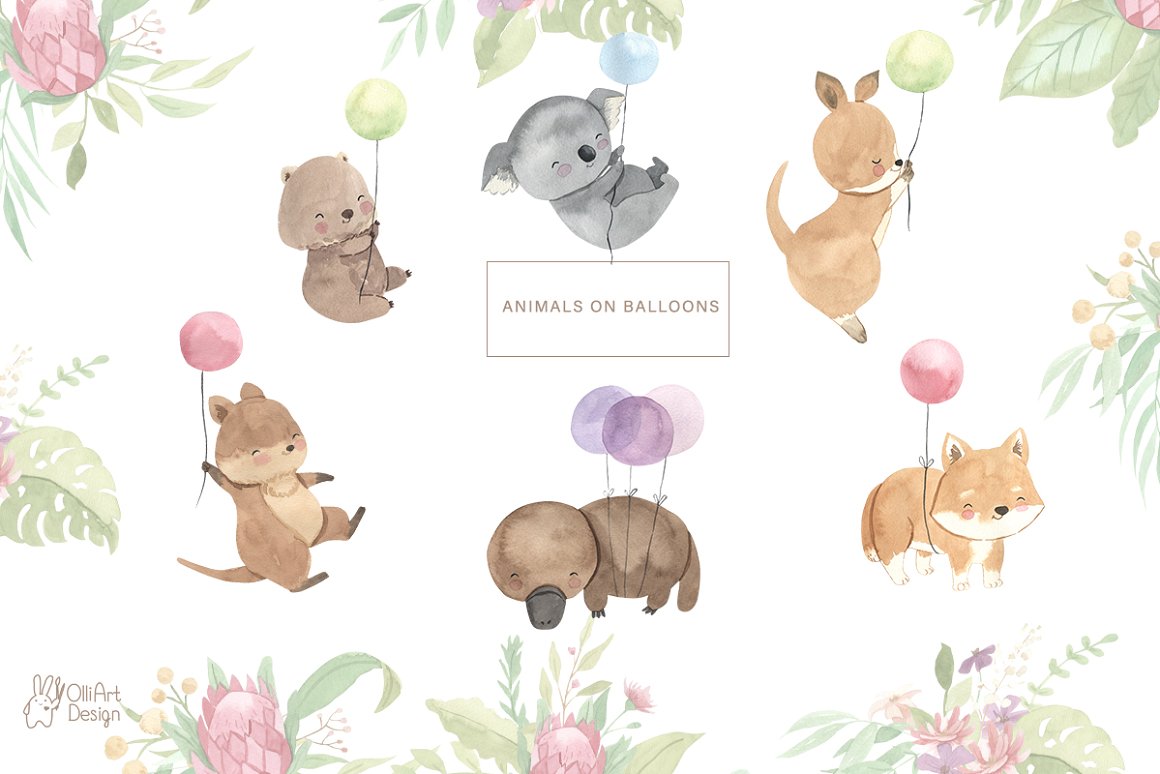 A set of watercolor images of animals on balloons - wombat, koala, kangaroo, quokka, platypus and dingo dog on a white background with flowers.