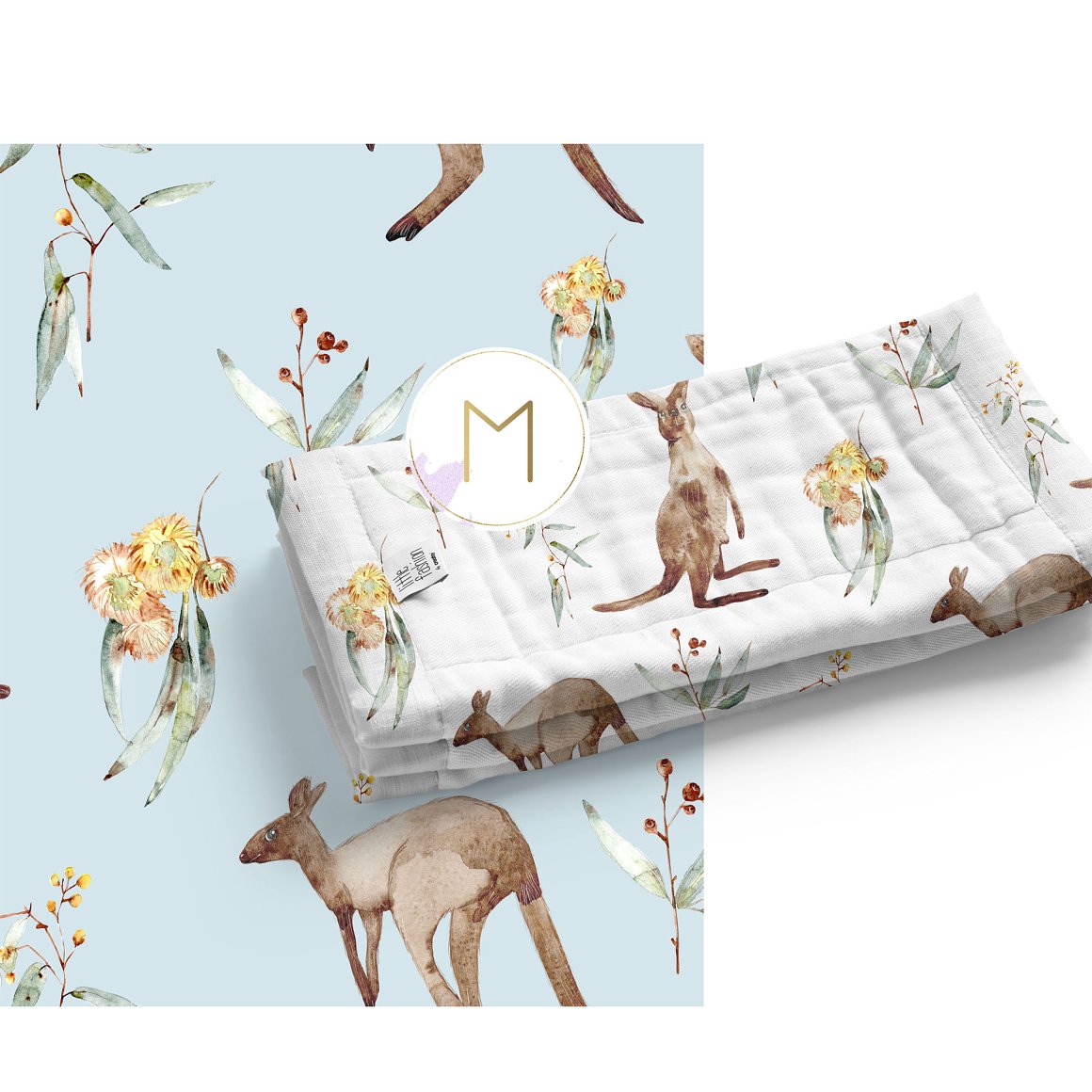 White label with the letter "M" and white bedding with kangaroo and flowers on a light blue background with the same print.