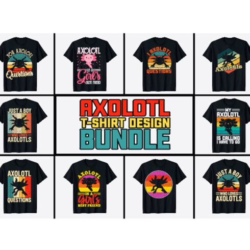 Collection of images of t-shirts with exquisite axolotl print.