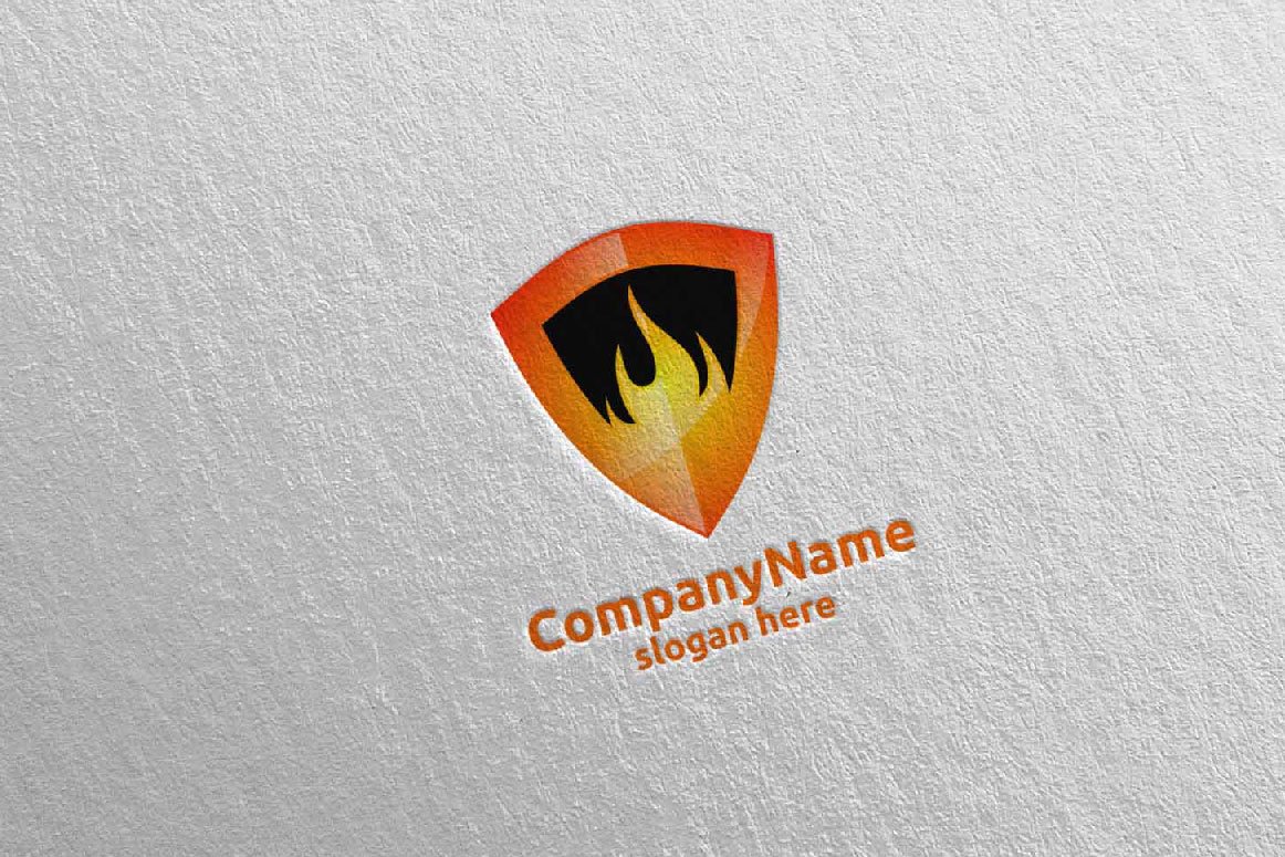 A orange and black 3D fire flame element logo and orange lettering "CompanyName slogan here" on a gray background.