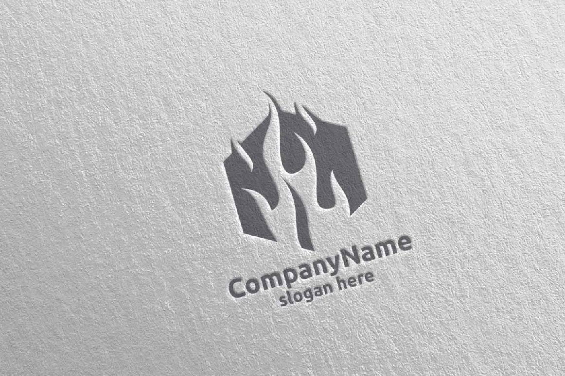 A gray 3D fire flame element logo and gray lettering "CompanyName slogan here" on a gray background.