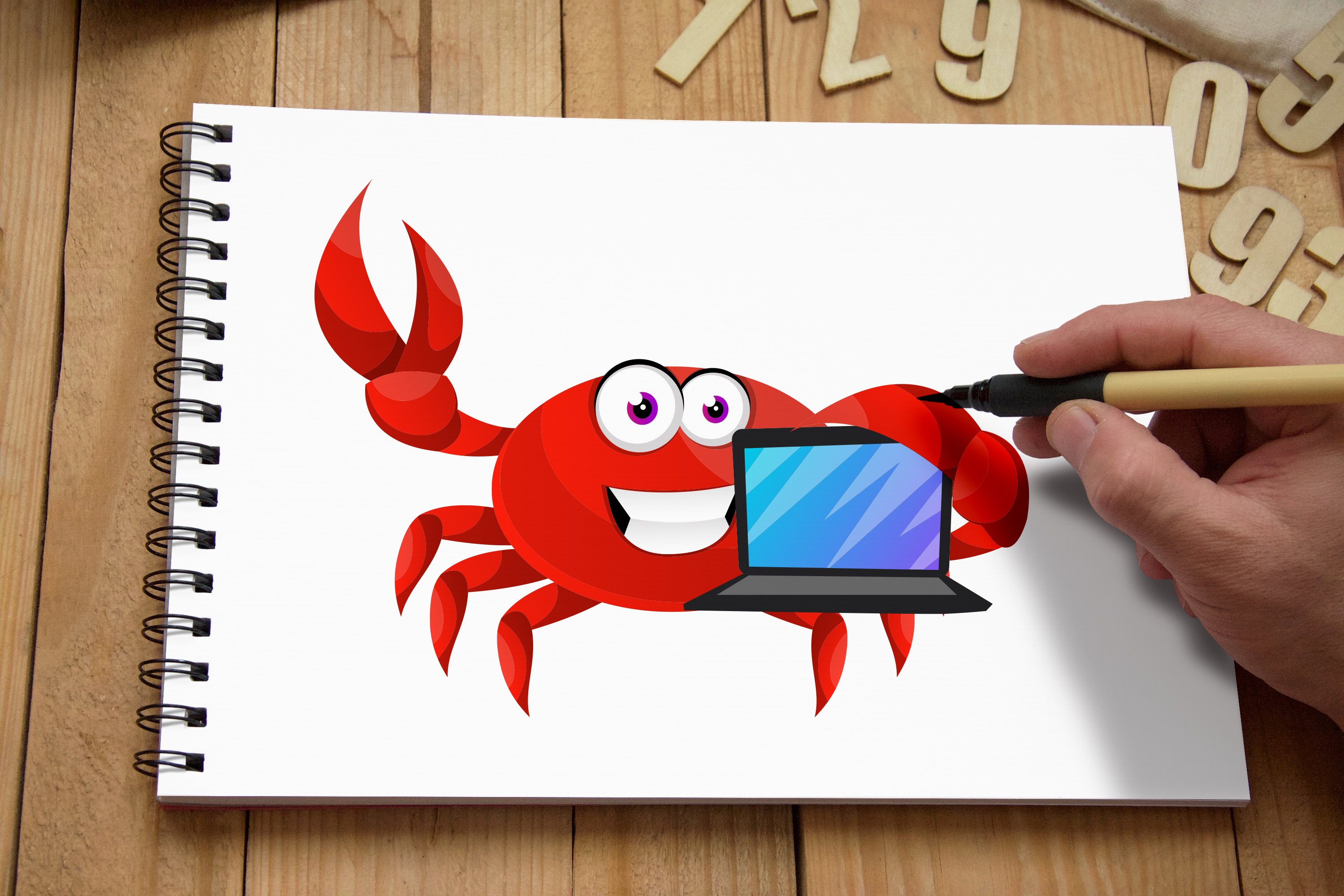 Hand drawn red crab on a white page.