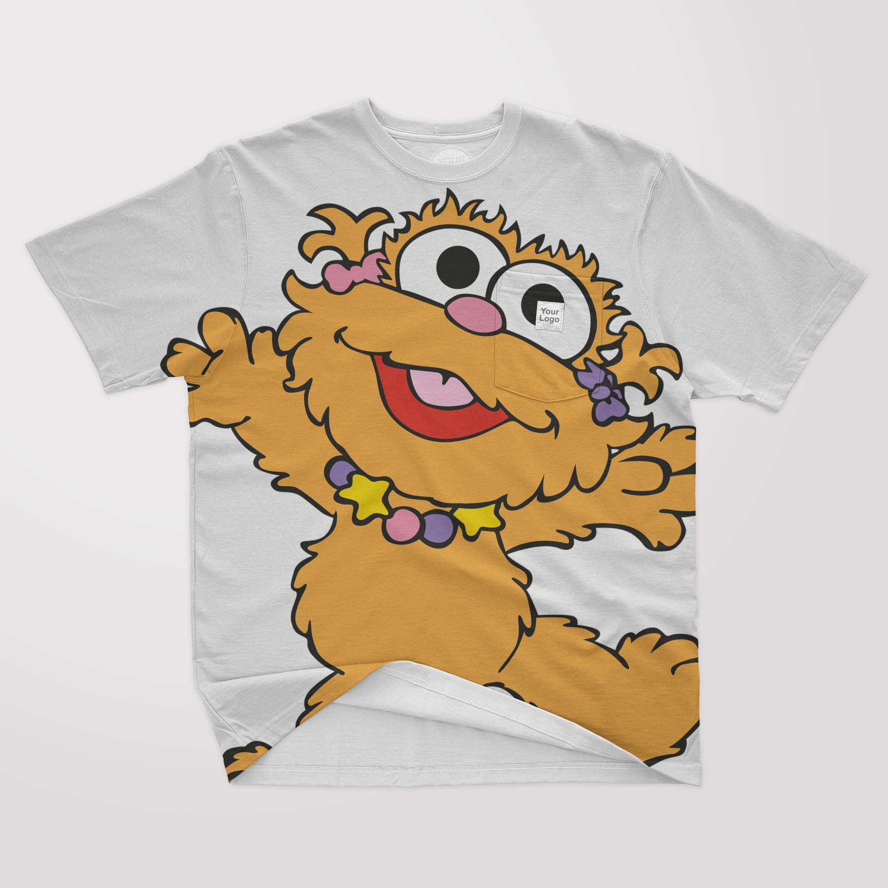 White t-shirt with a picture of a yellow baby Cookie Monster.