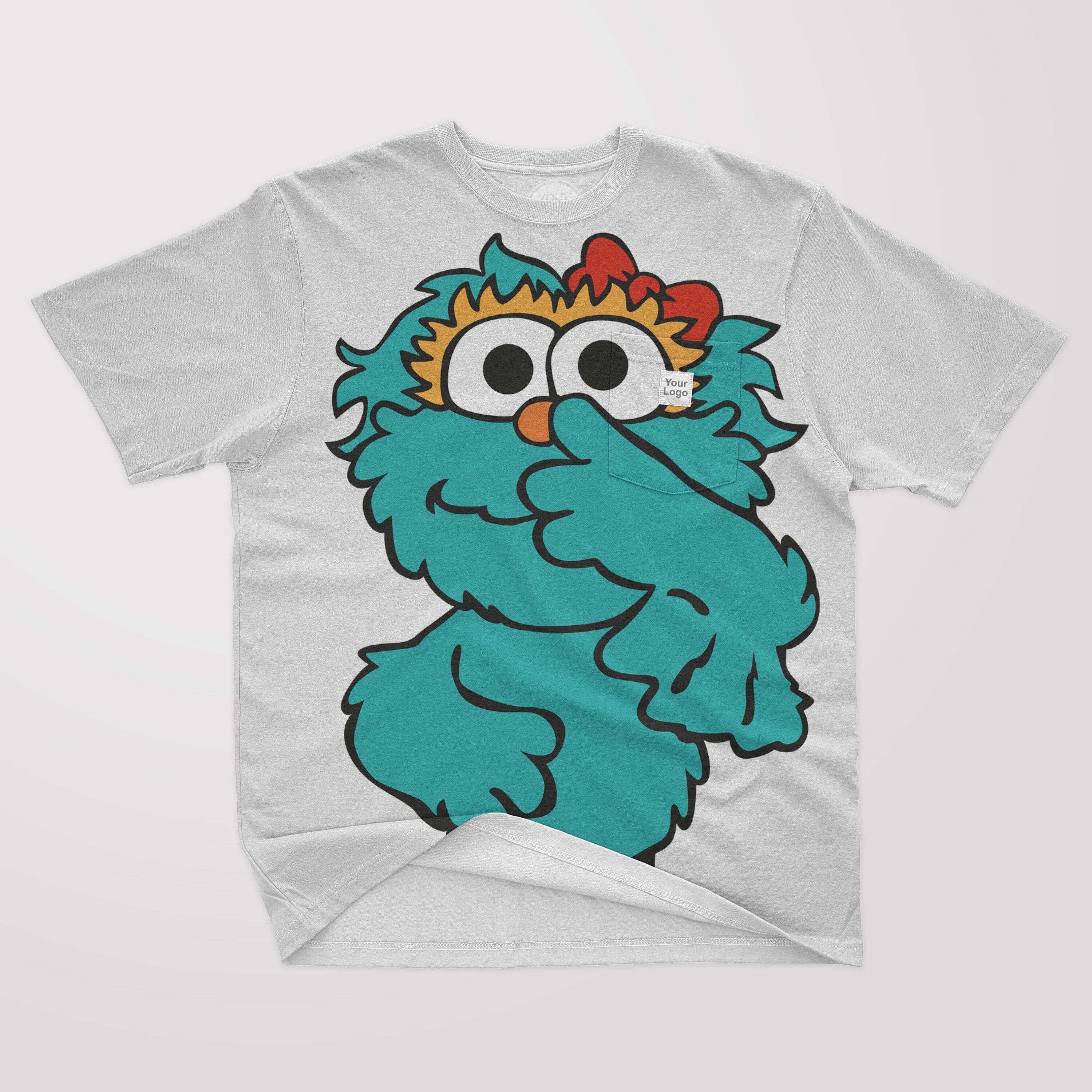 White t-shirt with a picture of a turquoise baby Cookie Monster.