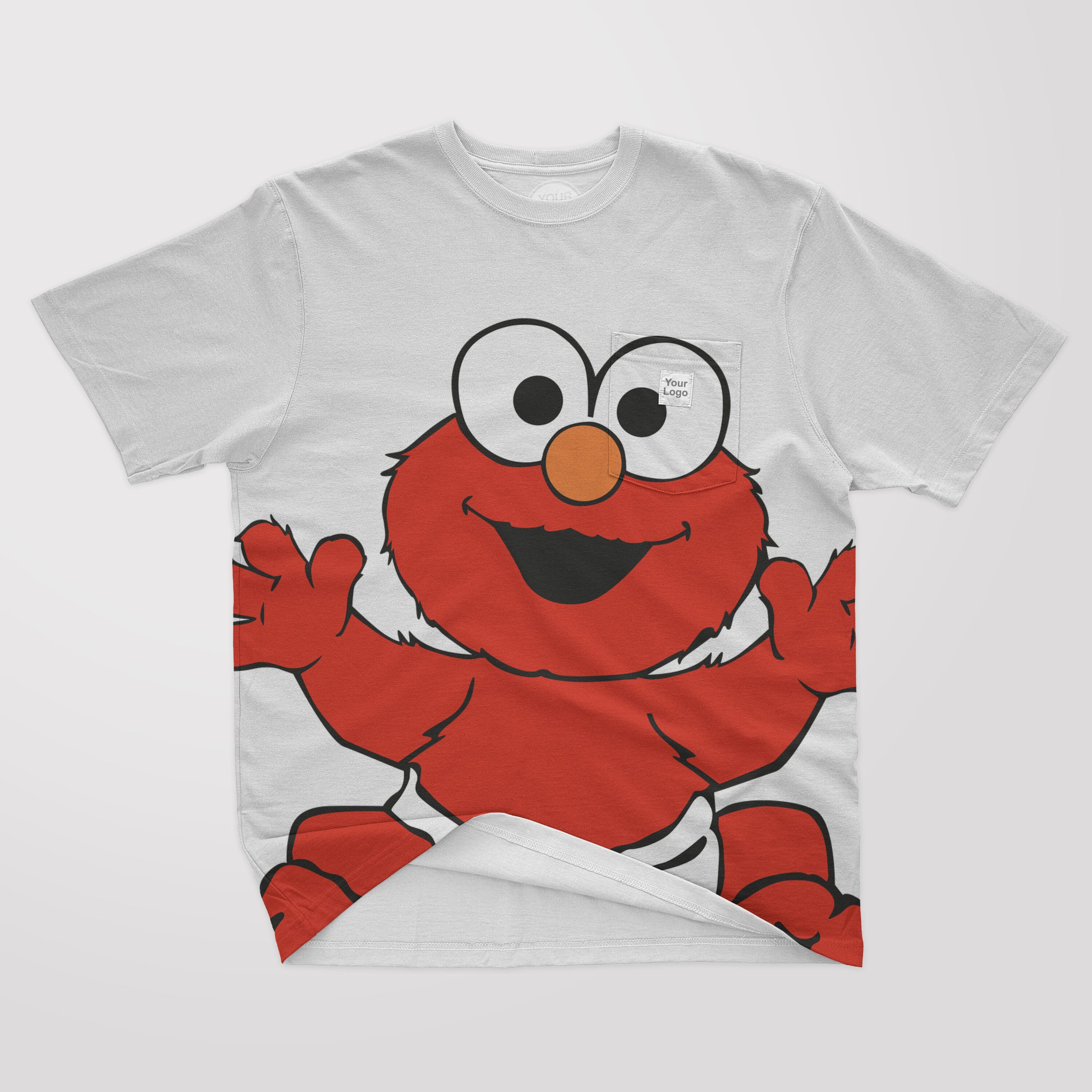 White t-shirt with a picture of a red baby Cookie Monster.