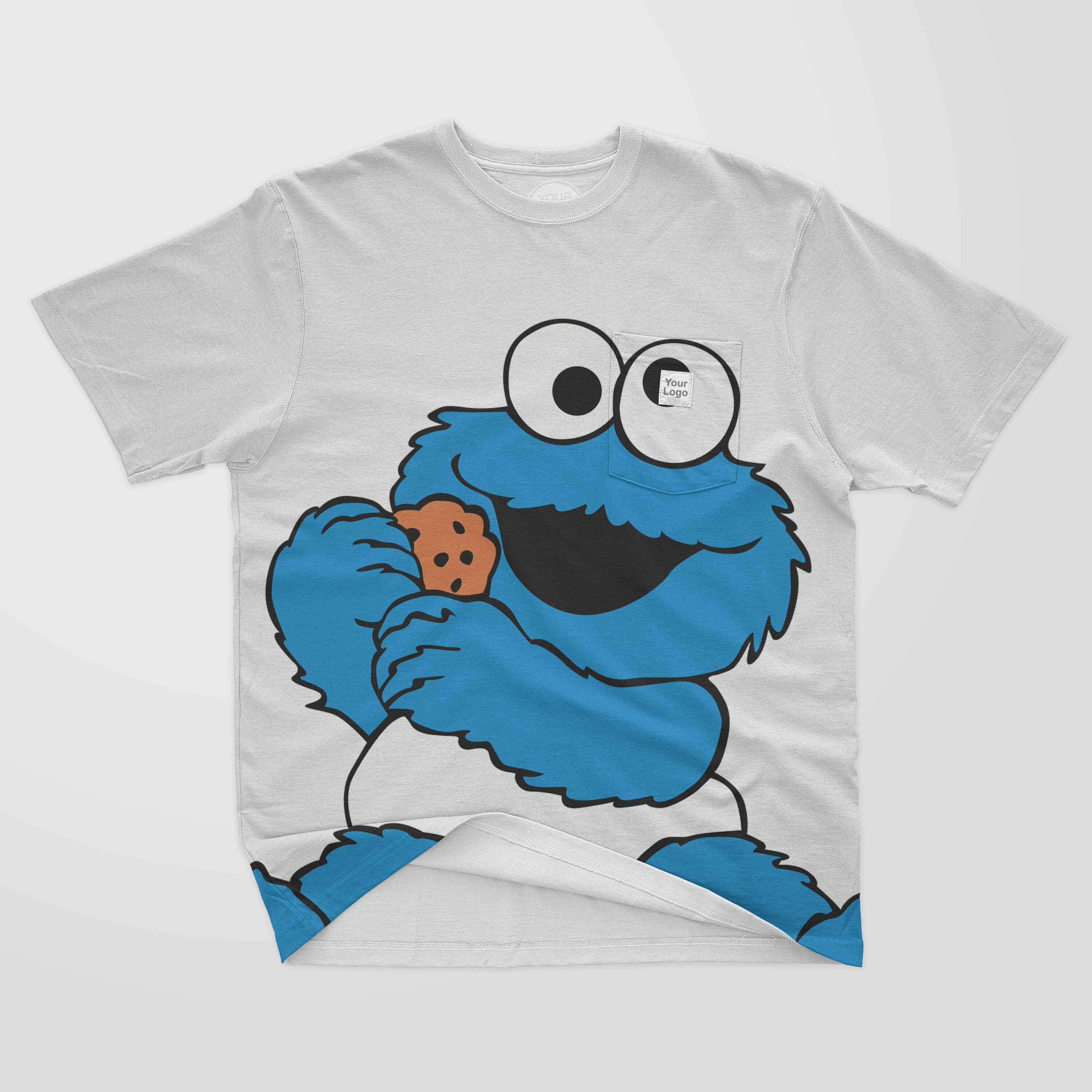 White t-shirt with a picture of a blue baby Cookie Monster, holding a cookie.