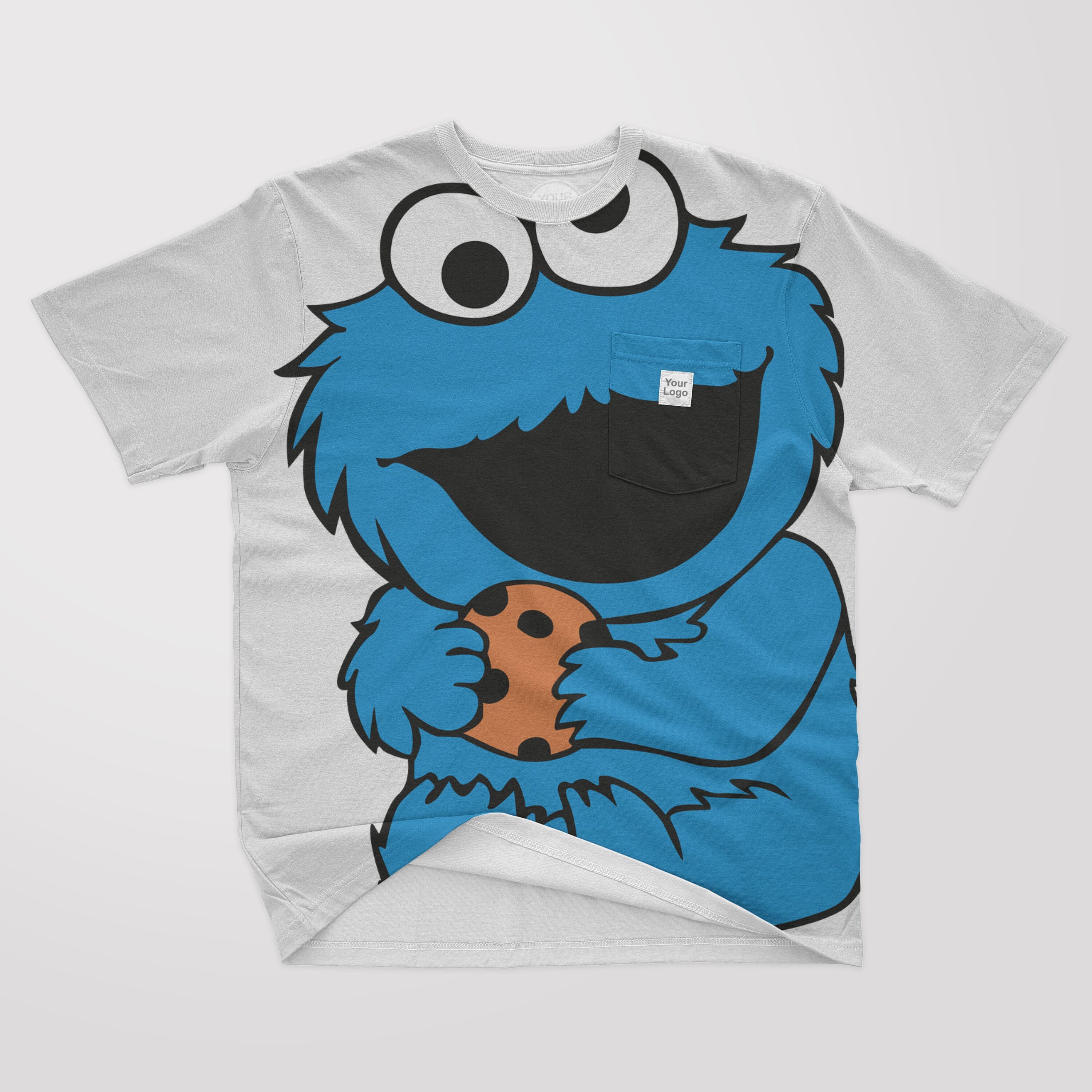 A white T-shirt with a close-up of a blue Cookie Monster.