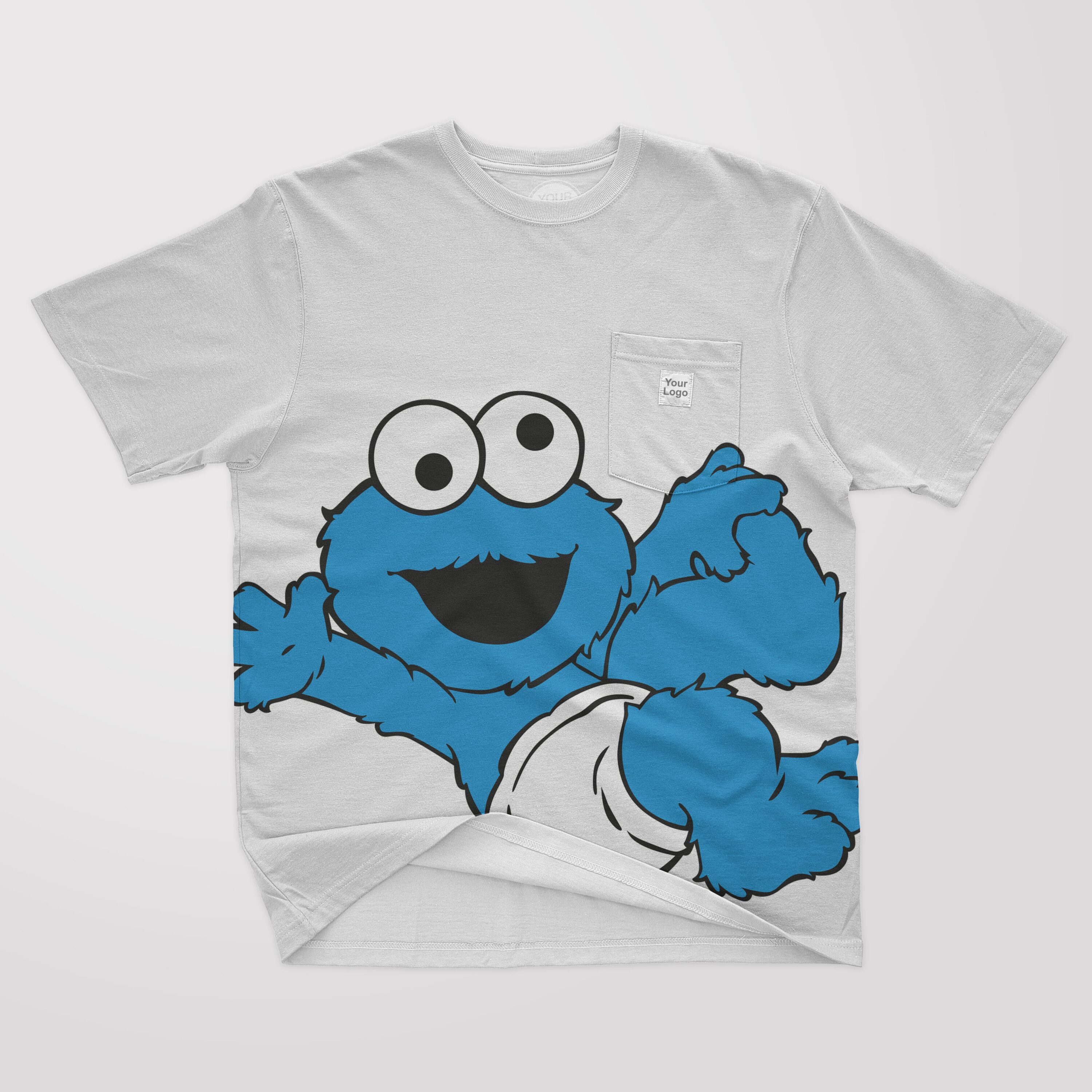 White t-shirt with a picture of a blue baby Cookie Monster.