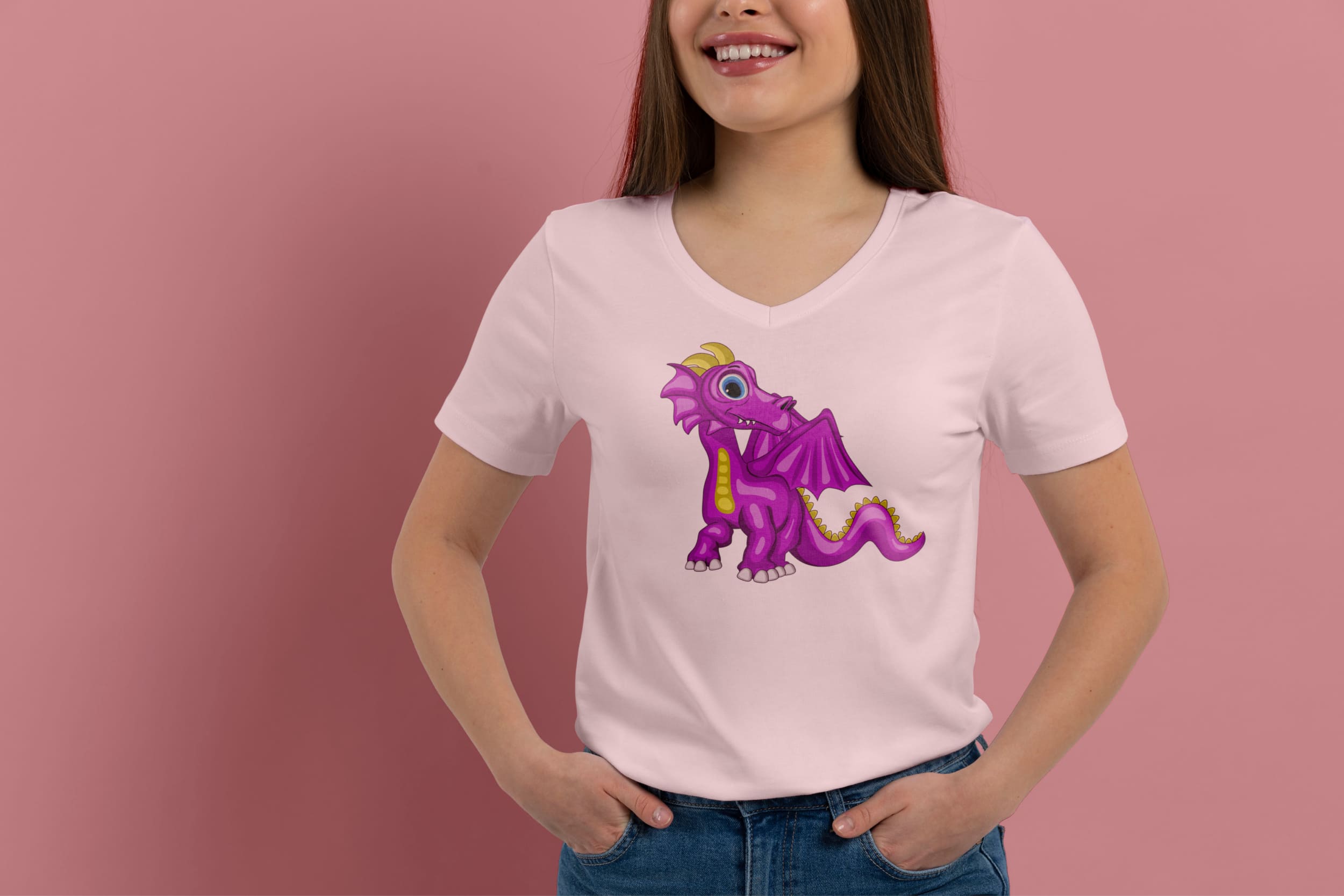 Light pink t-shirt on a girl with a purple baby dragon, on a pink background.