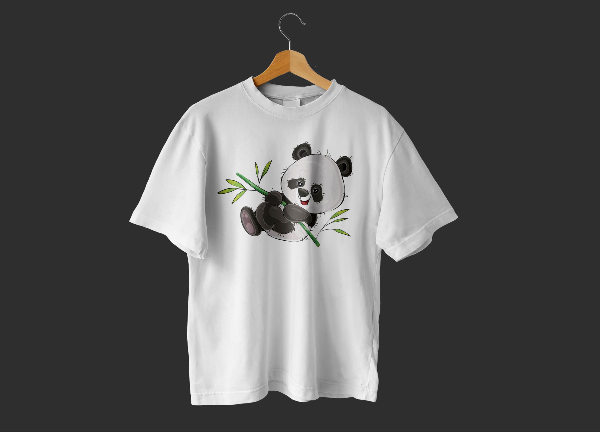 White t-shirt with a baby panda on a branch on a wooden hanger on a dark gray background.