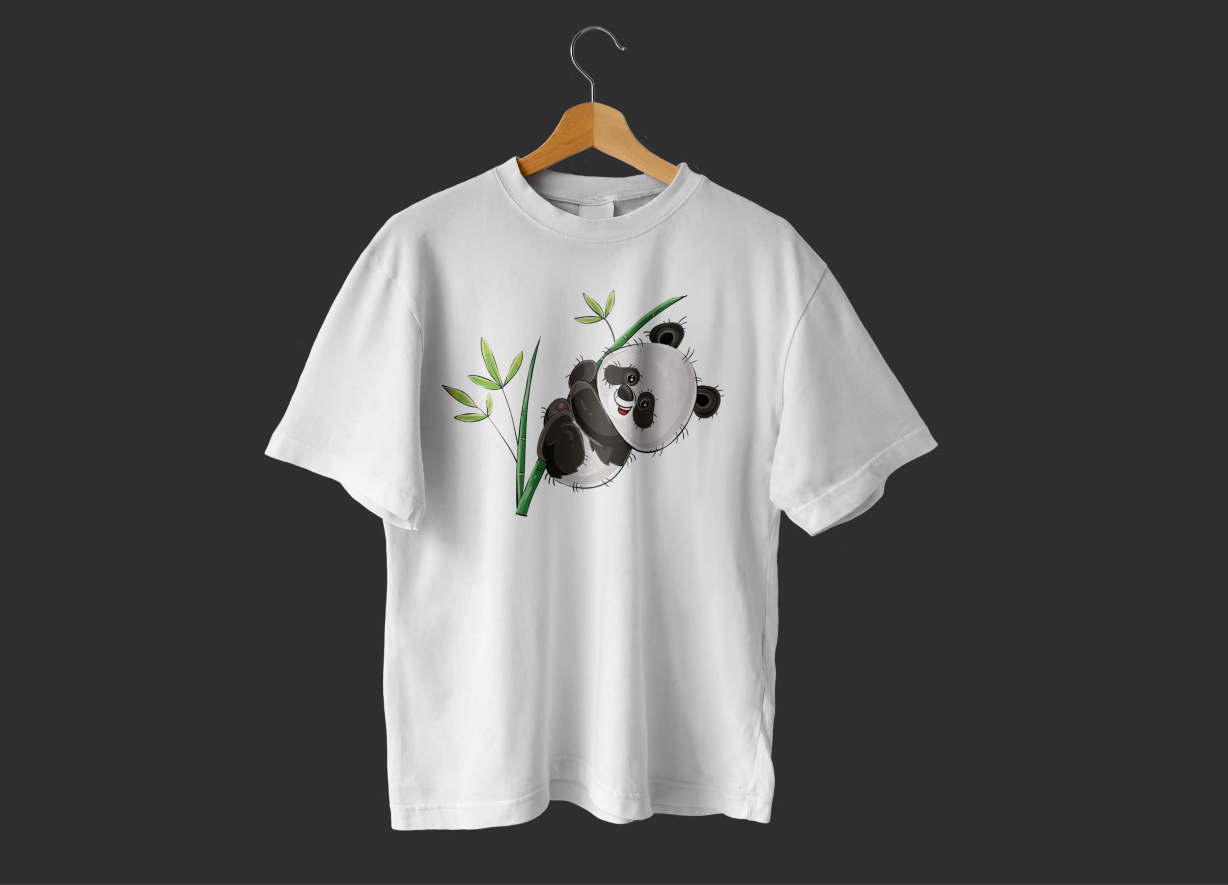 White t-shirt with a baby panda on a wooden hanger on a dark gray background.
