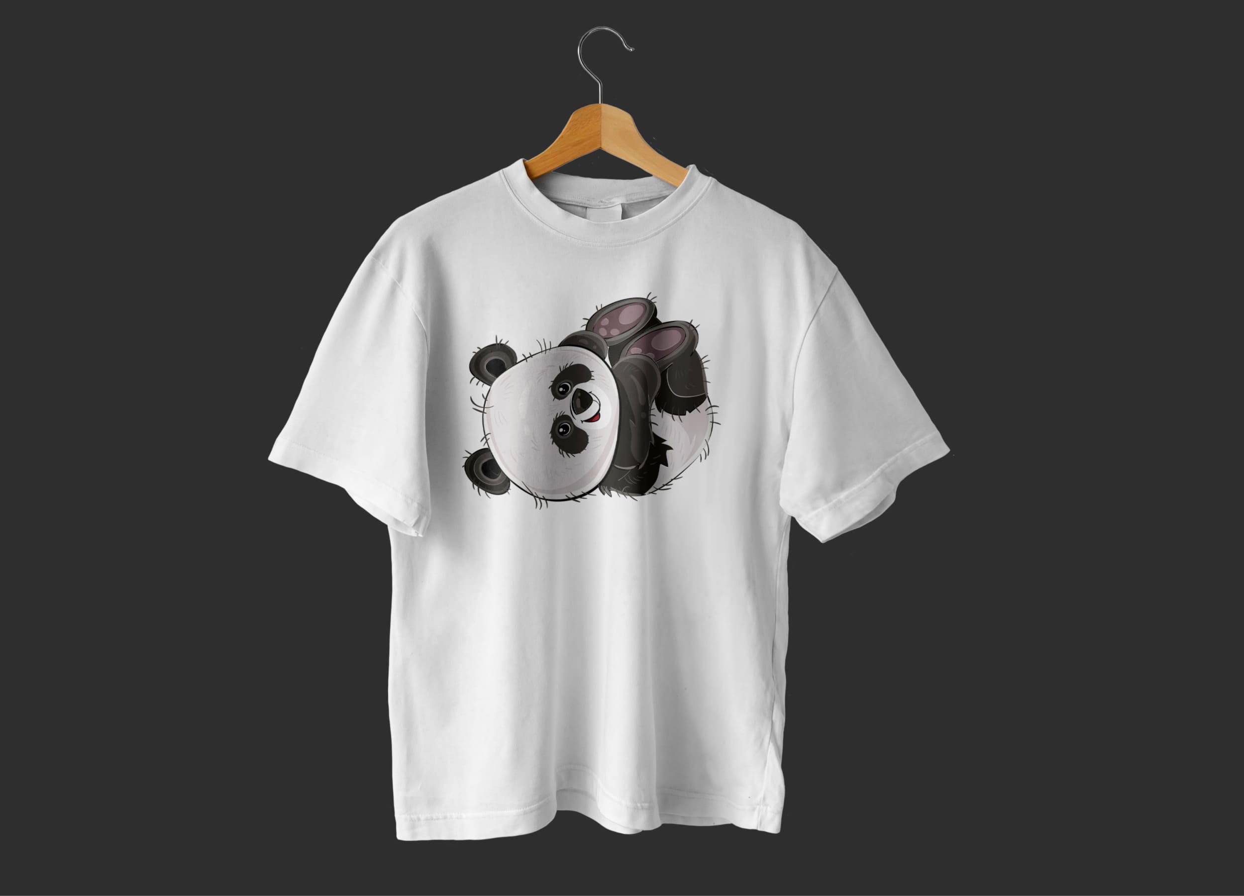 White t-shirt with cute baby panda on a wooden hanger on a dark gray background.
