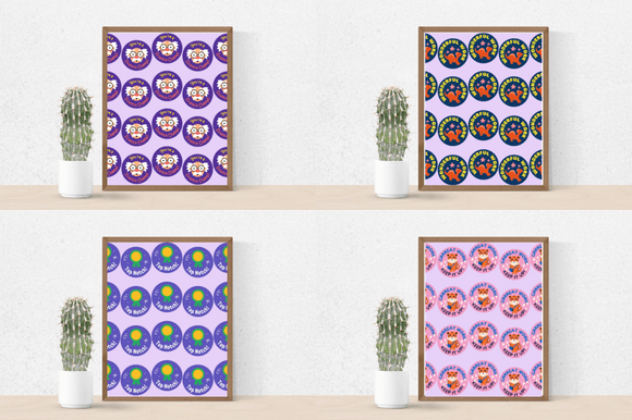 Four lilac and purple posters for school time.