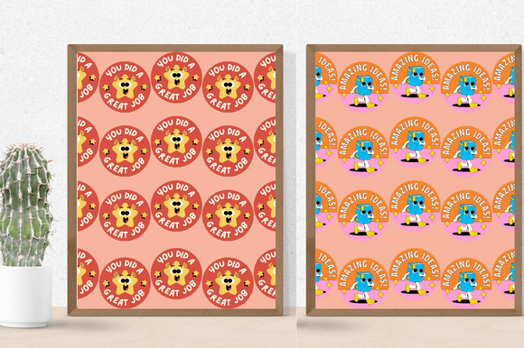 Two soft pink posters with the rounds symbols.