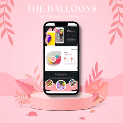 Images of adorable balloons presentation template slides on mobile phone.