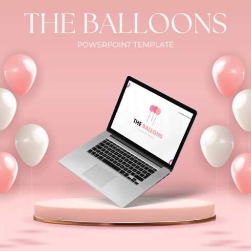 Images of adorable balloons presentation template slides on laptop.