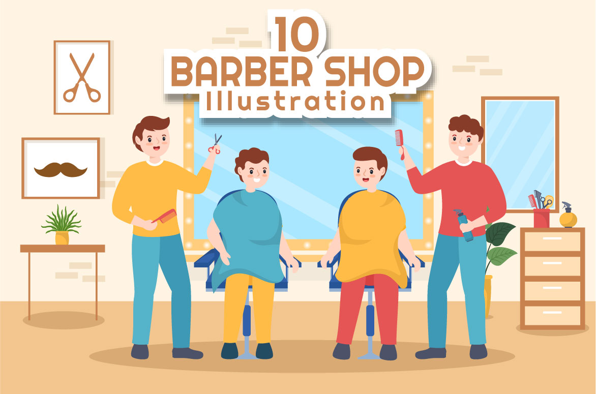 Amazing cartoon image of people having their hair cut in a barbershop.