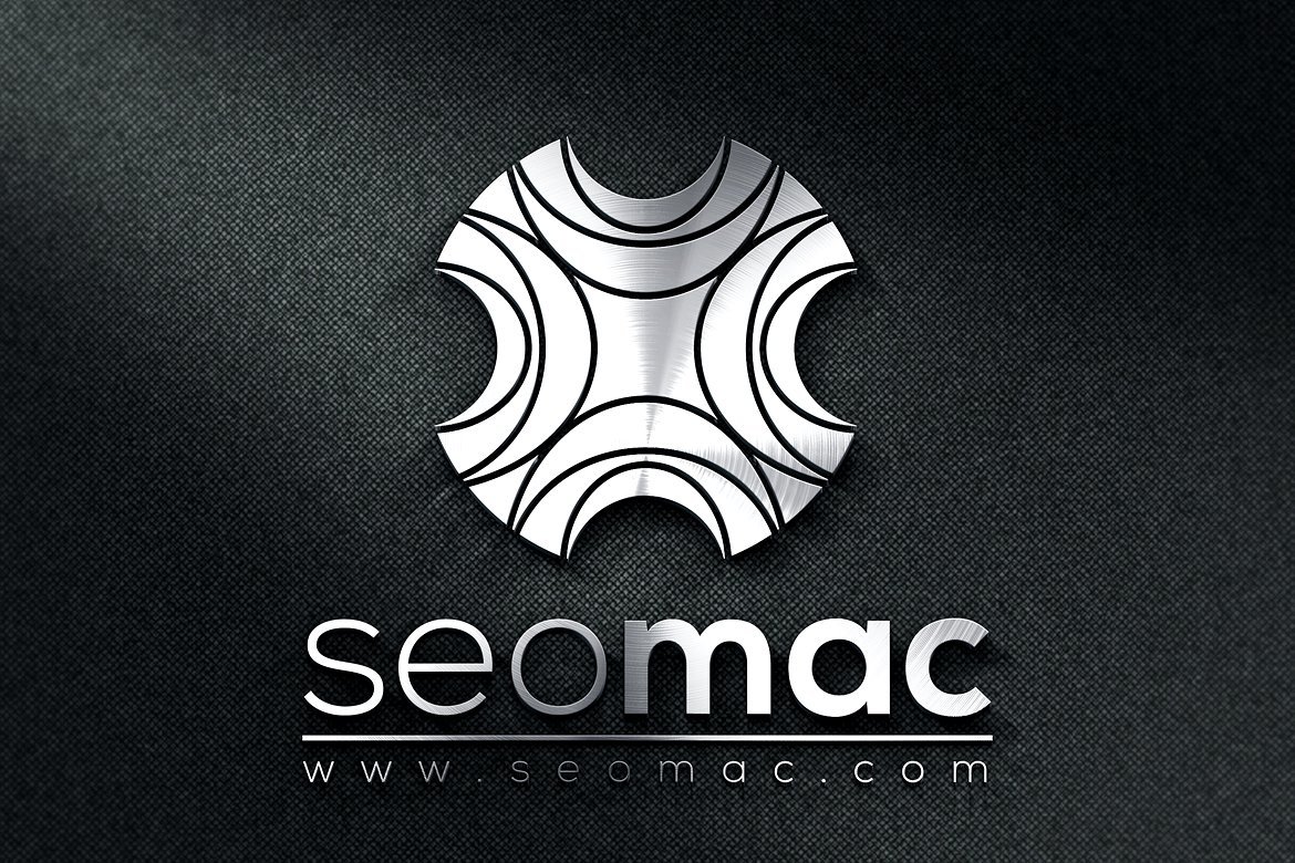 Silver 3D Abstract Logo Template and silver lettering "Seomac" on a black background.
