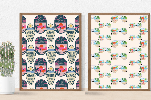 Printed mockups with cute beach illustrations.