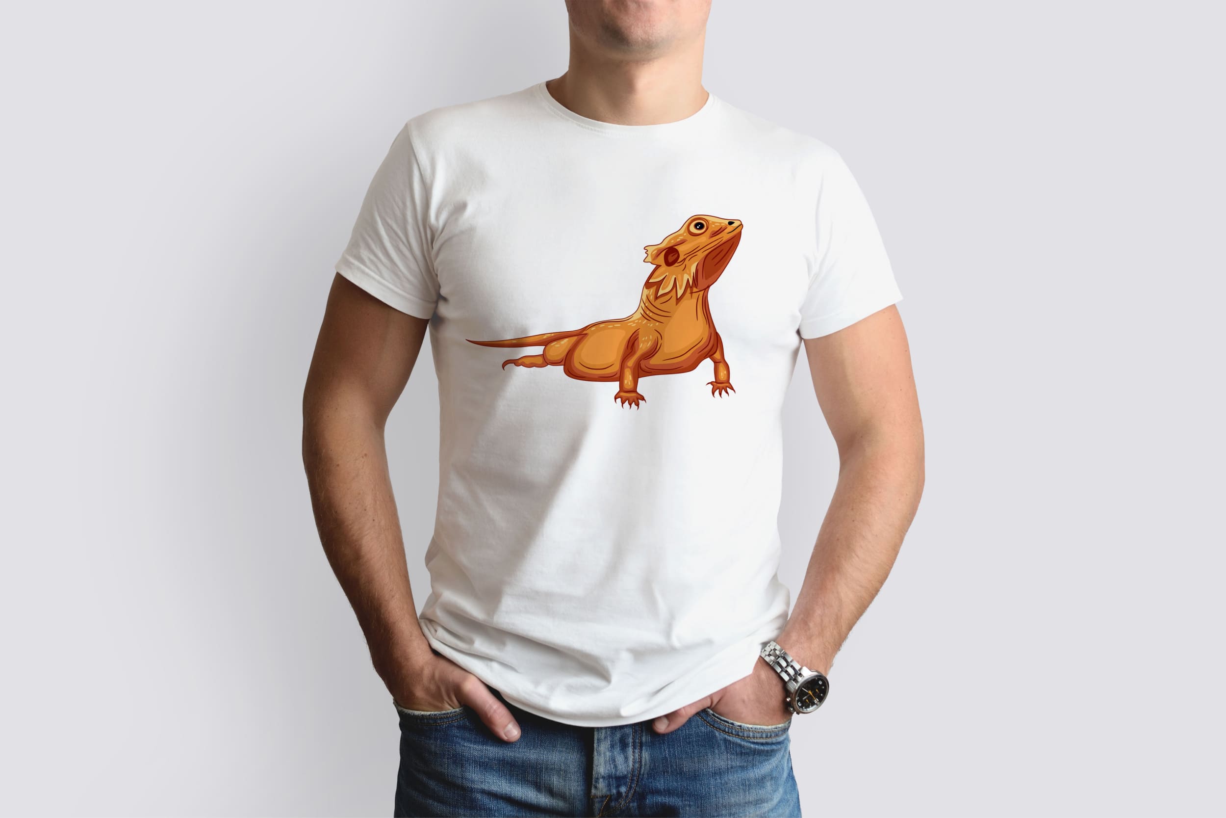 A white t-shirt on a man with an image of a orange bearded dragon.