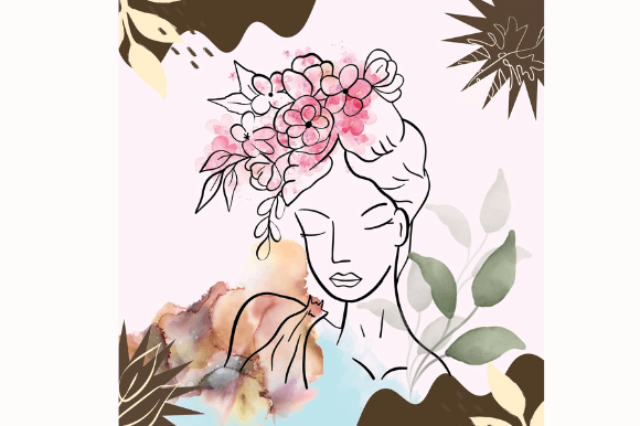 Illustration of a beautiful woman in line art style on a pink watercolor background.