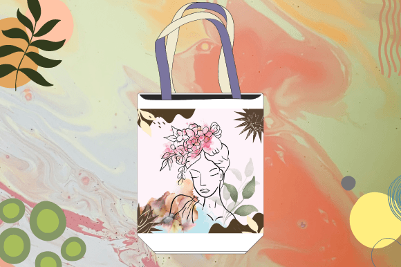 White shopping bag with a beautiful woman in line art style on a pink watercolor background.