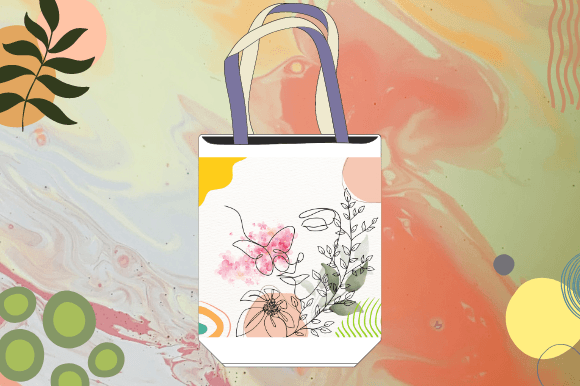 White shopping bag with a beautiful illustration in line art style on a white and pink watercolor background.