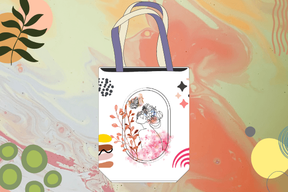 White shopping bag with a beautiful woman in line art style on a white and pink watercolor background.