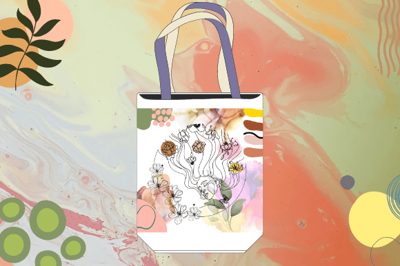 White shopping bag with a beautiful woman in line art style on a white and pink watercolor background.