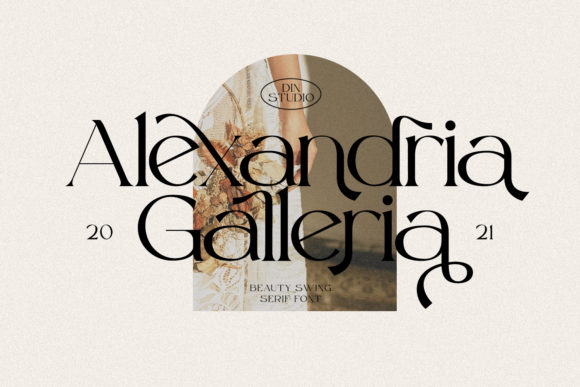 Black lettering "Alexandria Galleria" in serif font on a gray background against a beautiful image.
