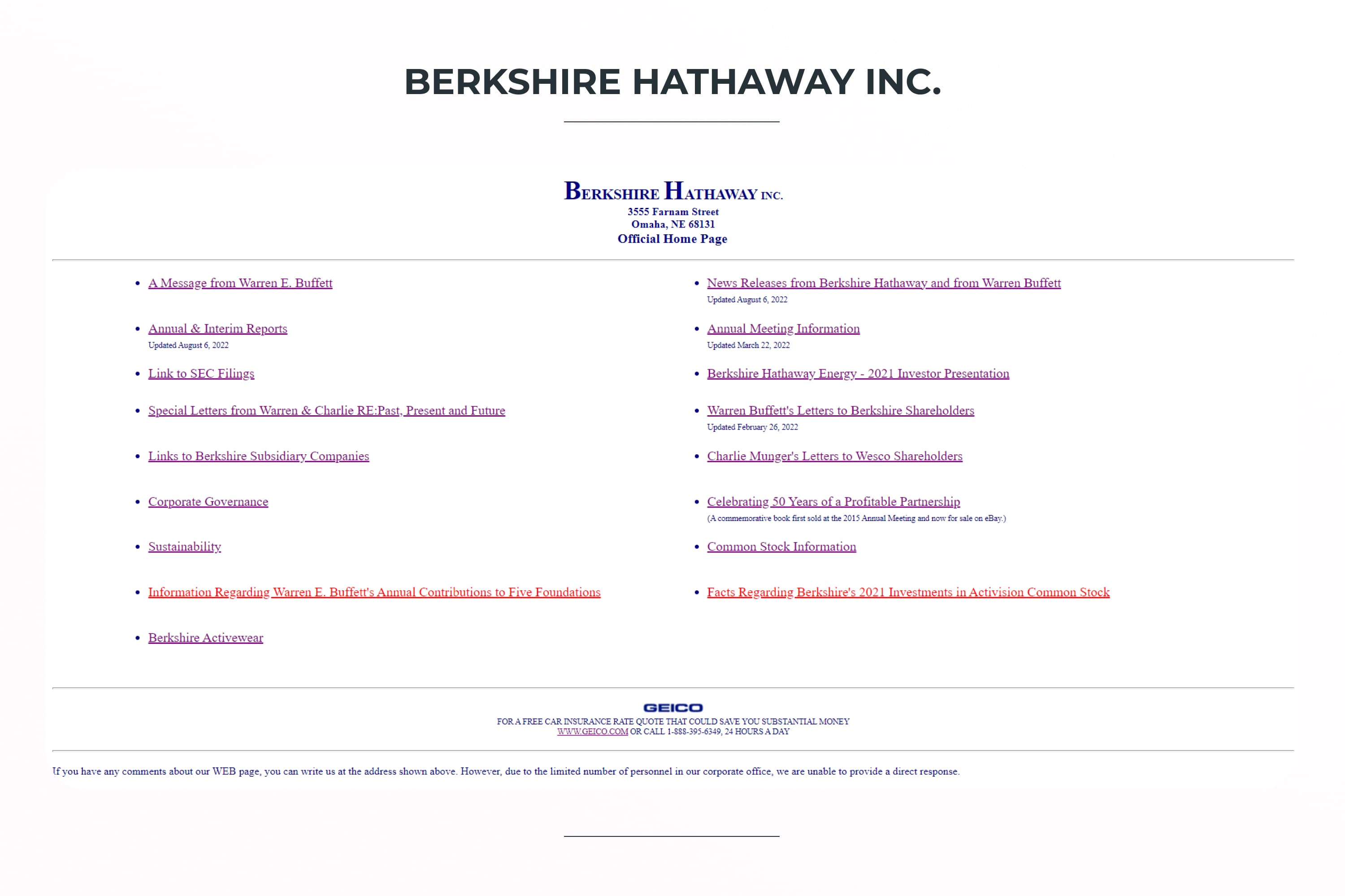 Main page of the Berkshire Hathaway Inc website.