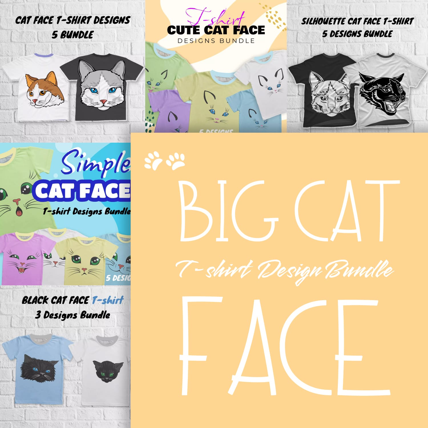 Big Cat Face T-Shirt Designs Bundle.