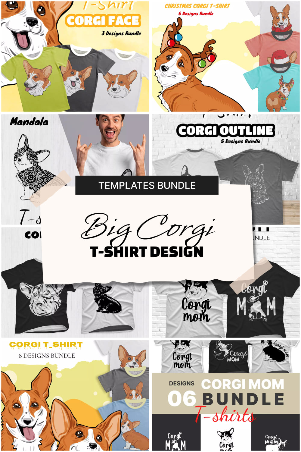 A selection of images of T-shirts with colorful corgi print.