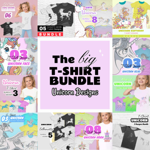 A selection of images of t-shirts with adorable unicorn prints.