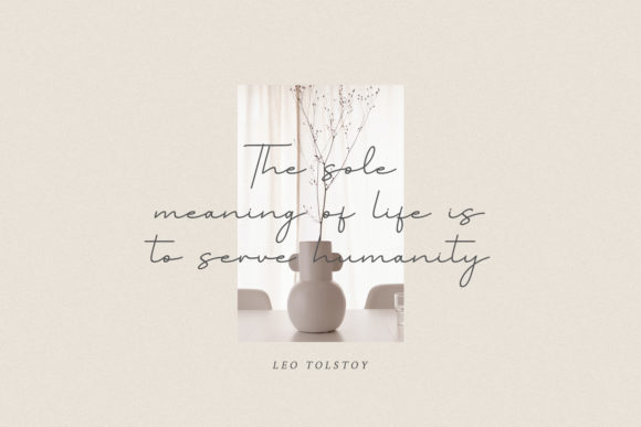 Black lettering "The sole meaning of life is to serve humanity" in script font on a gray background with a beautiful image.