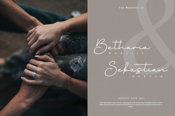 White lettering "Betharia & Sebastian" in script font on a dark gray background with a beautiful image.