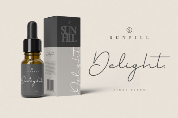 Serum with dark gray label and a dark gray and gray box for it on a gray background with black lettering "Delight" in script font.