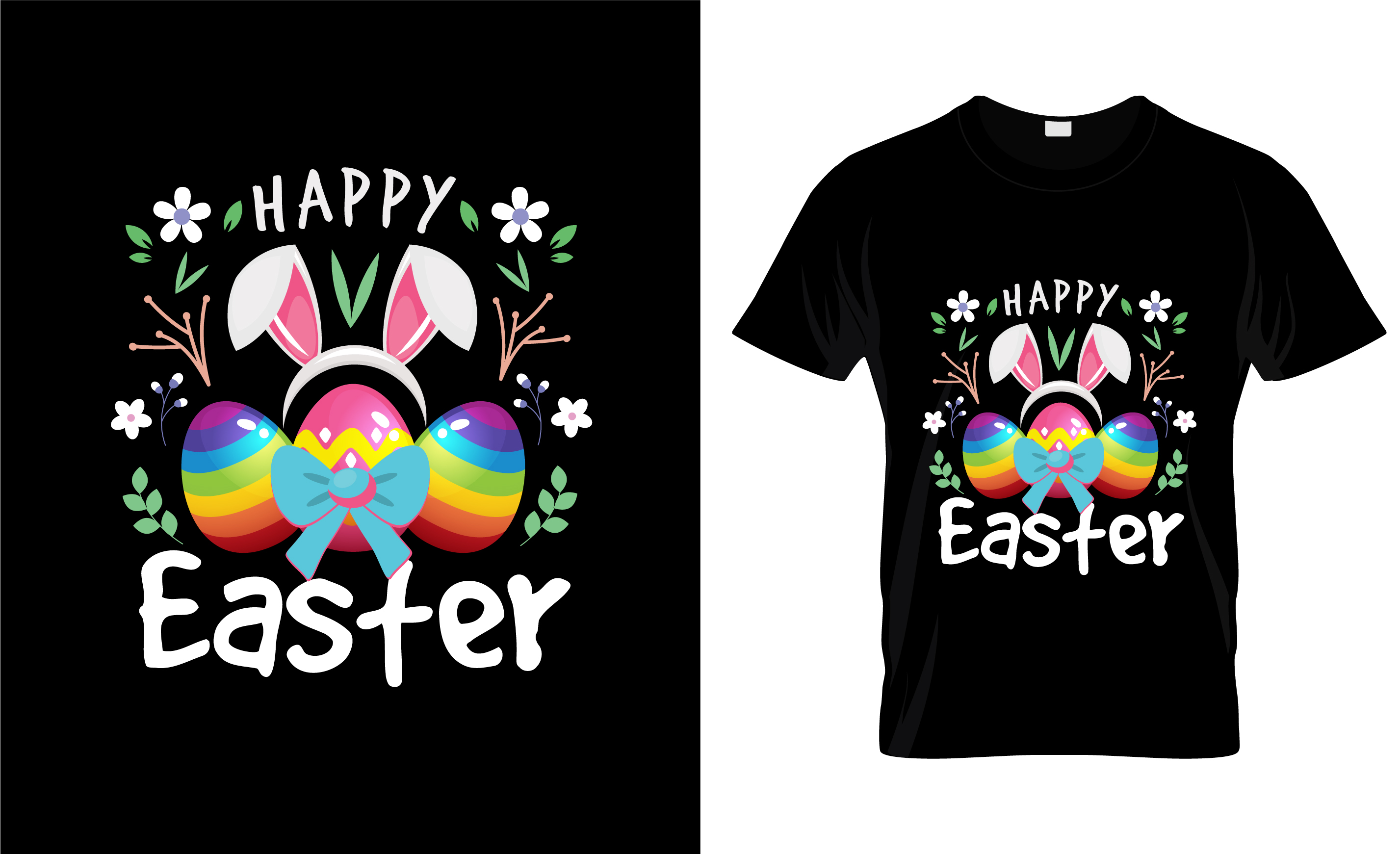 Image of a black t-shirt with a beautiful print on the theme of easter day.